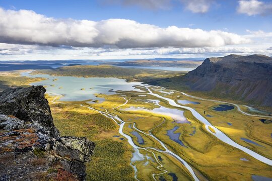 View from Skierffe mountain over the Rapadalen river delta, Rapa&auml;lv river, Sarek National Park, Laponia, Lapland, Sweden