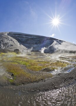 Hot springs in front of the Ishellir ice cave, Hrafntinnusker, Landmannalaugar, Iceland