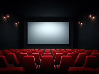 Fototapeta premium Empty cinema auditorium with rows of red seating facing a large, illuminated screen