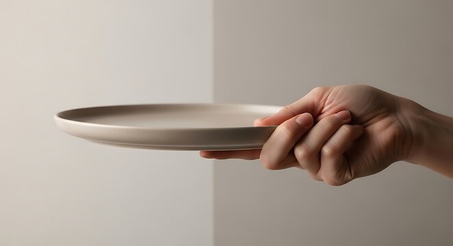 Close-up of a hand holding an empty beige ceramic plate against neutral background
