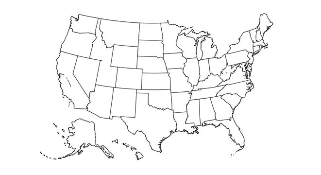 Outline Map of Contiguous United States Showing State Borders, Isolated White Background