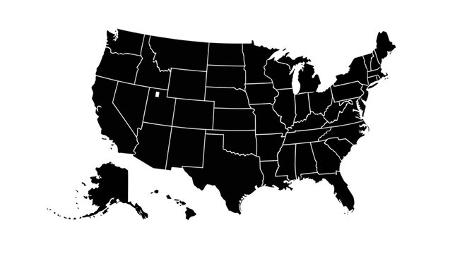 Solid Black Silhouette Map of Contiguous United States with White State Borders and Insets, Isolated White Background