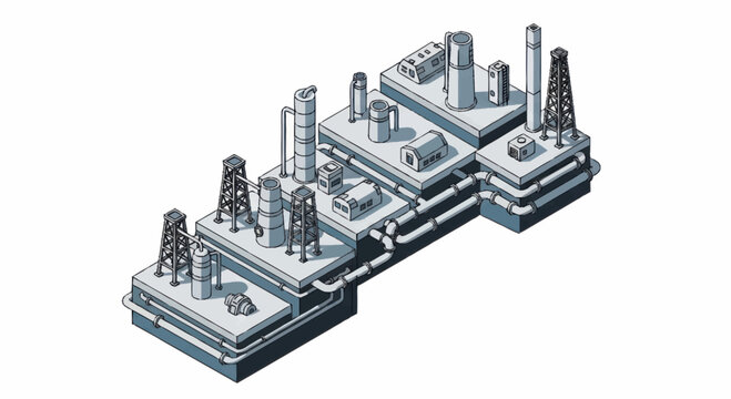 Industrial oil rig complex with multiple platforms and towers.