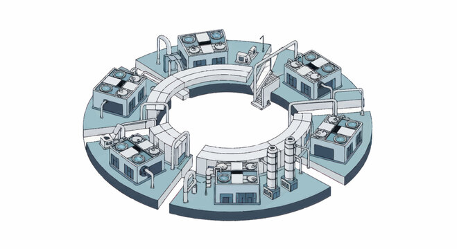 Circular industrial manufacturing production line diagram.