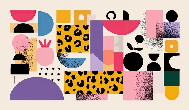 Colorful abstract design with various geometric shapes, textures, and a leopard print pattern