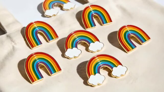Camera tightening frame, shifting down and right, centering nine rainbow enamel pins on beige tote