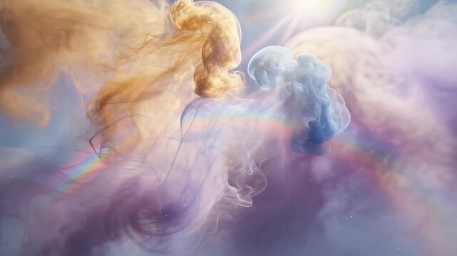 Rising blue cloudlet forming as sunlight brightening lifting gold purple plumes toward rainbow arc