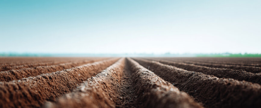 Prepared agricultural field with furrows