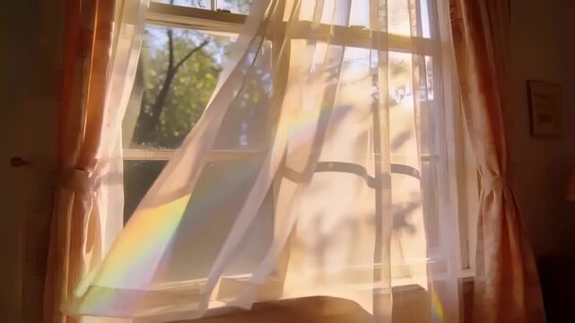 Swaying sheer white curtain from open sash wind, catching sunlight, showing rainbow in sunny room