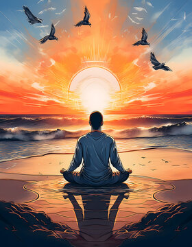 Meditating man silhouette facing a vibrant beach sunrise