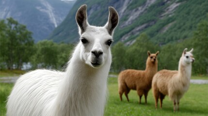 Fototapeta premium White alpaca with brown highlights stands in focus with two brown alpacas behind in a green field under bright sky in a tranquil hillside setting