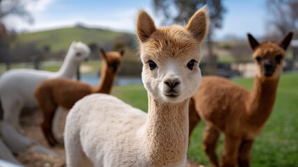 Fototapeta premium White alpaca with light brown head stands in focus among brown alpacas in a green field under a bright sky