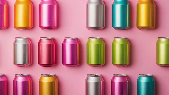 Cans in various colors are arranged on a pink surface to create a visually appealing layout for creative purposes
