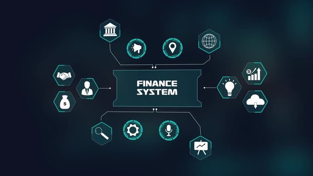 Finance system analytics hud, futuristic technology interface, digital infographic with hexagon nodes, banking growth concept.