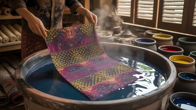 Traditional Indonesian batik fabrics being dipped into a hot malam wax water for coloring process.