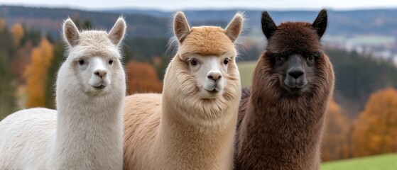 Fototapeta premium Close-up view of three alpacas in a green field with natural light, highlighting their unique features and surroundings in a vibrant outdoor setting