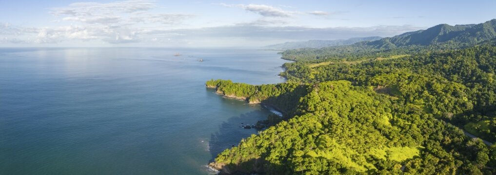 Aerial view, ocean and coast with rainforest, Playa Ventanas, Puntarenas province, Costa Rica