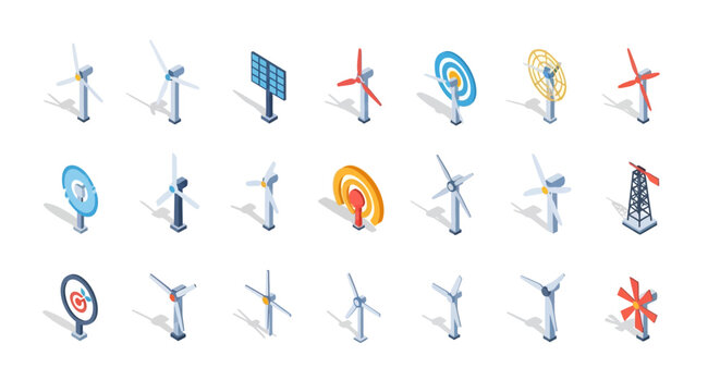 Isometric illustration showcasing diverse renewable energy sources and wind power infrastructure