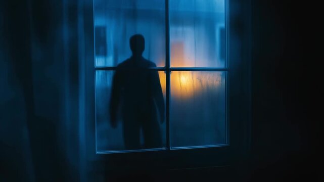 A figure stands outside a window at night while a warm light glows inside and reflections distort the view