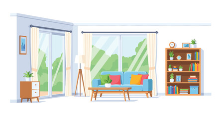 Obraz premium A comfortable blue sofa is positioned in a cozy living room alongside a wooden coffee table and a tall bookshelf filled with various colorful home decor.