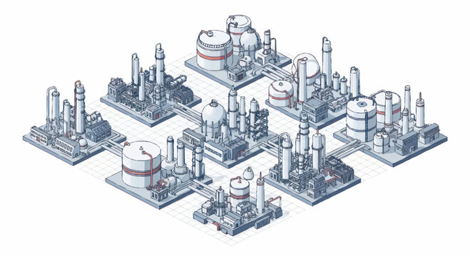 Industrial factory complex with multiple processing units and storage tanks illustration.