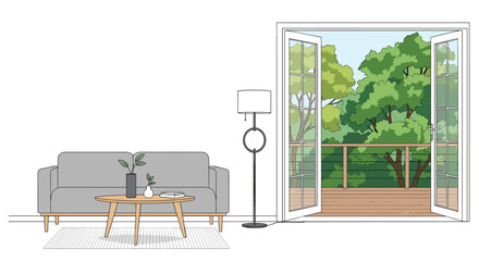 Obraz premium A grey sofa and a circular wooden coffee table are situated in a minimalist room with open glass double doors leading to a lush outdoor forest.