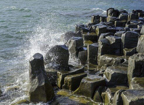 Basalt rocks on the coast according to local mythology an elf city, Hofs&oacute;s, Nor&eth;urland vestra, Iceland