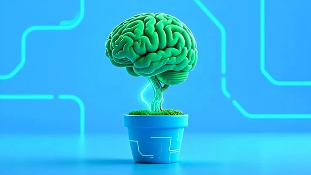 Green brain-shaped plant in blue pot