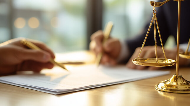 Close-up of justice scale with blurred people signing documents in background, legal agreement and law services concept.