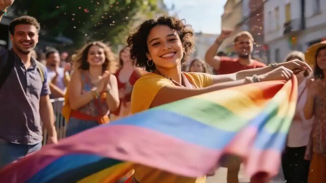 Starting sweep, woman in mustard top waving rainbow flag during city march, confetti flying