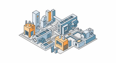 Naklejka premium Isometric illustration of a futuristic industrial complex with machinery.