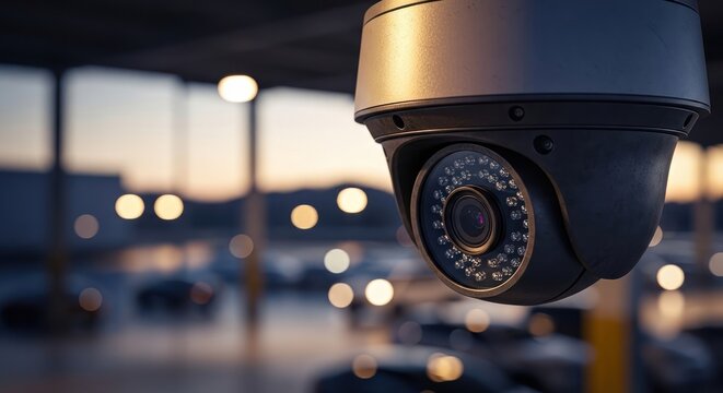 Close up of a security camera with blurred background and bokeh effect