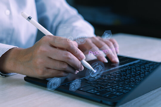 Business user using stylus on tablet with procurement icons, payment and logistics interface, concept of digital purchasing workflow.