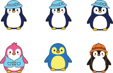 Fototapeta premium Cute cartoon penguins wearing colorful hats and outfits in playful poses for animal and fashion-themed illustrations on white background.