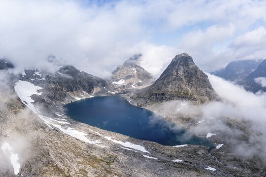View of lake Bispevatnet and mountain Bispen, aerial view, Trollstigen, M&oslash;re og Romsdal, Norway