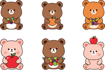 Obraz premium Cute cartoon bears holding fruits like apples, grapes, and bananas in playful poses for animal and food-themed illustrations on white background.