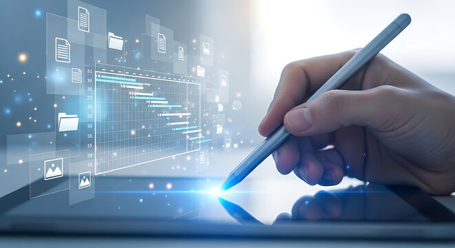 Professional Hand Using Stylus on Digital Tablet with Futuristic Gantt Chart and Project Management Interface for Efficient Business Planning and Data Organization