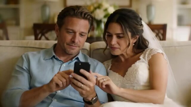 Tapping groom scrolling smartphone, bride in wedding dress and veil pointing on living room sofa