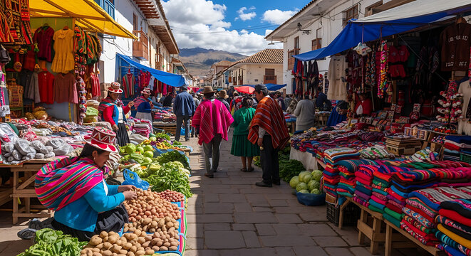 Vibrant Outdoor Market Scene in Peru with Colorful Textiles and Fresh Produce