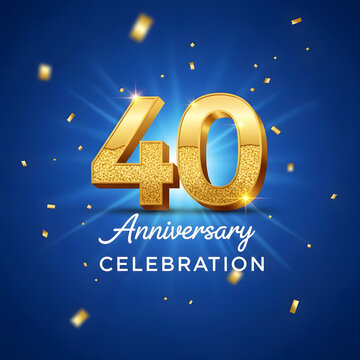 Golden 40th Anniversary Celebration with Glittering Confetti and Bright Rays on a Blue Background