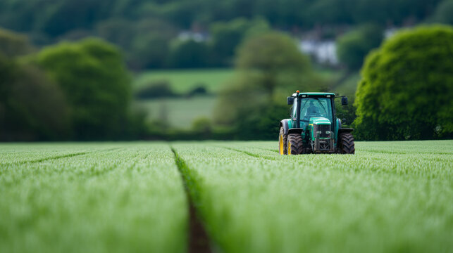 Green tractor working in wheat field