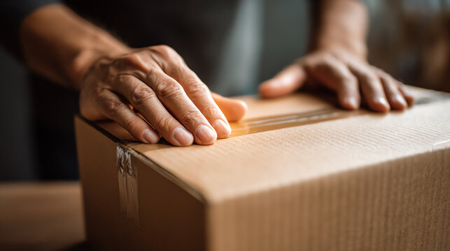 A close-up of hands sealing a cardboard box, emphasizing preparation for shipping and logistics in an office environment.