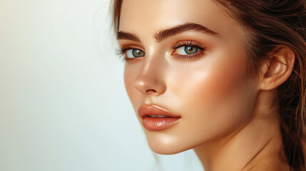 Fototapeta premium A close-up portrait of a young woman showcasing flawless skin and captivating blue eyes, radiating natural beauty and confidence.