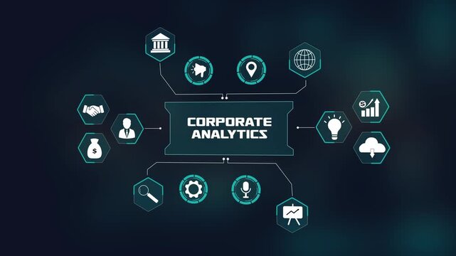 Corporate analytics data visualization hud, futuristic technology interface, digital infographic with hexagon nodes, business growth concept.