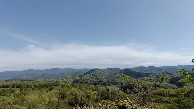 Wide mountain landscape with clear blue sky and copy space for background use
