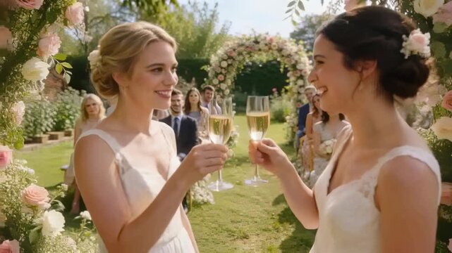 Raising champagne flutes brides in white lace gowns clinking rims and sipping at lawn, floral arch
