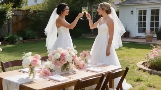 Smiling two brides in white gowns raising and clinking champagne flutes at wooden table for wedding