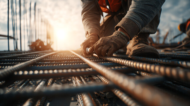 A construction worker grips rebar on a building site during sunset, showcasing the hard work and dedication in the industry.