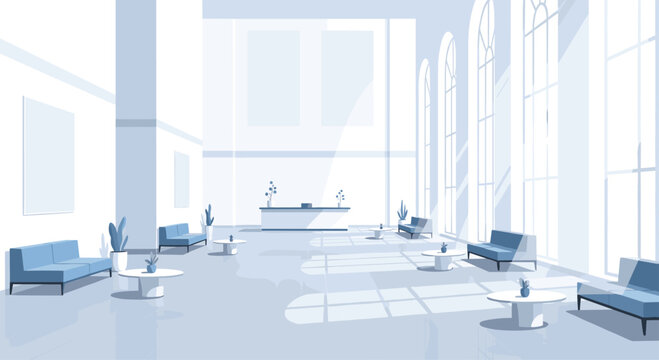 Minimalist modern hotel lobby interior features rows of elegant blue couches with white circular tables arranged beneath high vaulted ceilings and large arched window frames.
