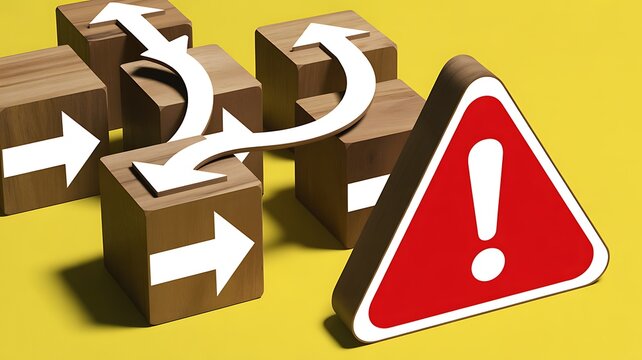 Wooden blocks with arrow icons changing direction to avoid red warning symbol on yellow background. Concept of business strategy, decision making, and problem solving. 